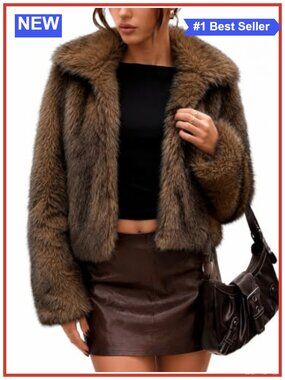 Faux Fur Coat Womens Cropped Fluffy Jacket Two-Tone Warm